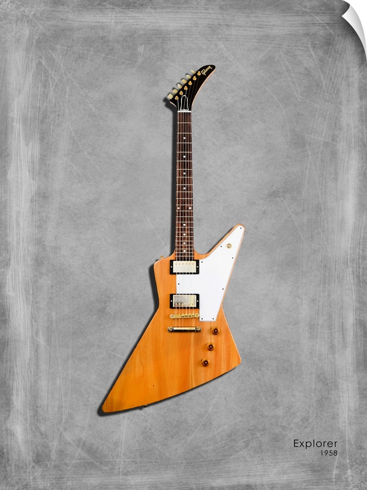 Photograph of a Gibson Explorer 58 printed on a textured background in shades of gray.