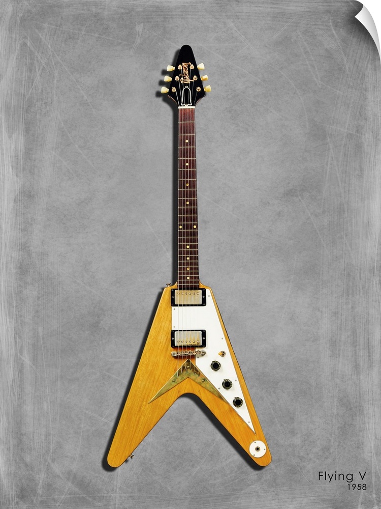 Photograph of a Gibson FlyingV 58 printed on a textured background in shades of gray.