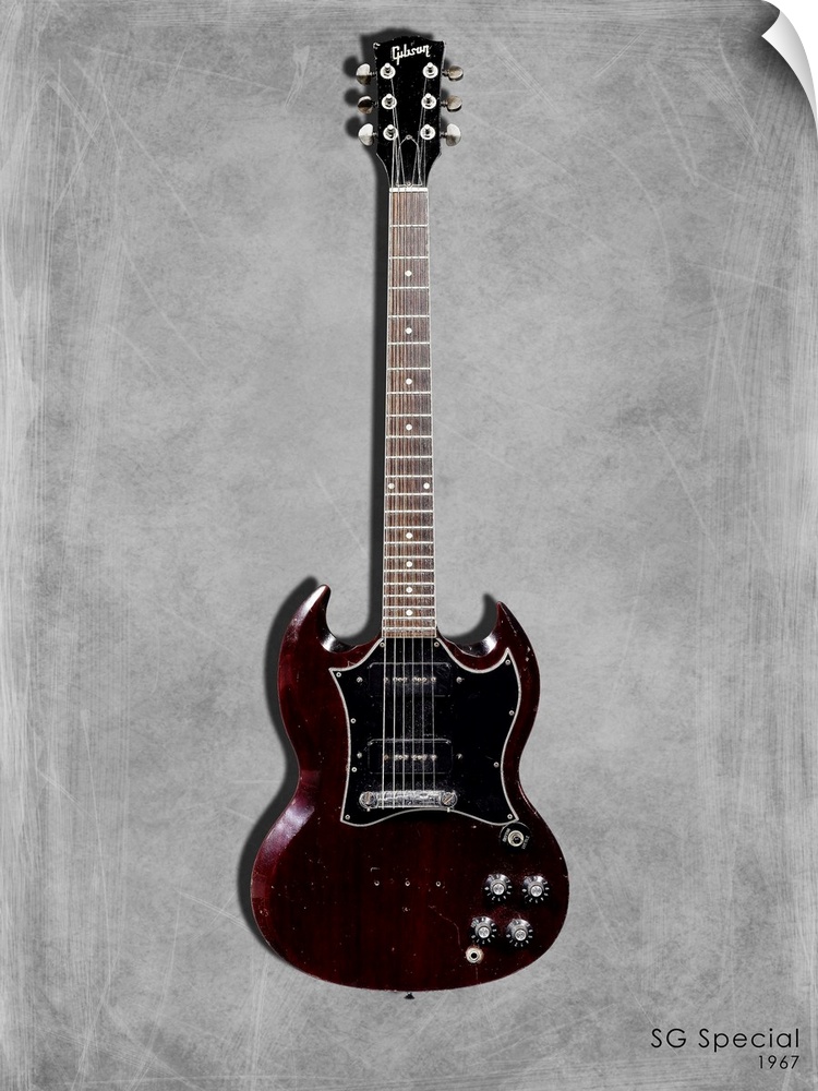 Photograph of a Gibson SG Special 1967 printed on a textured background in shades of gray.