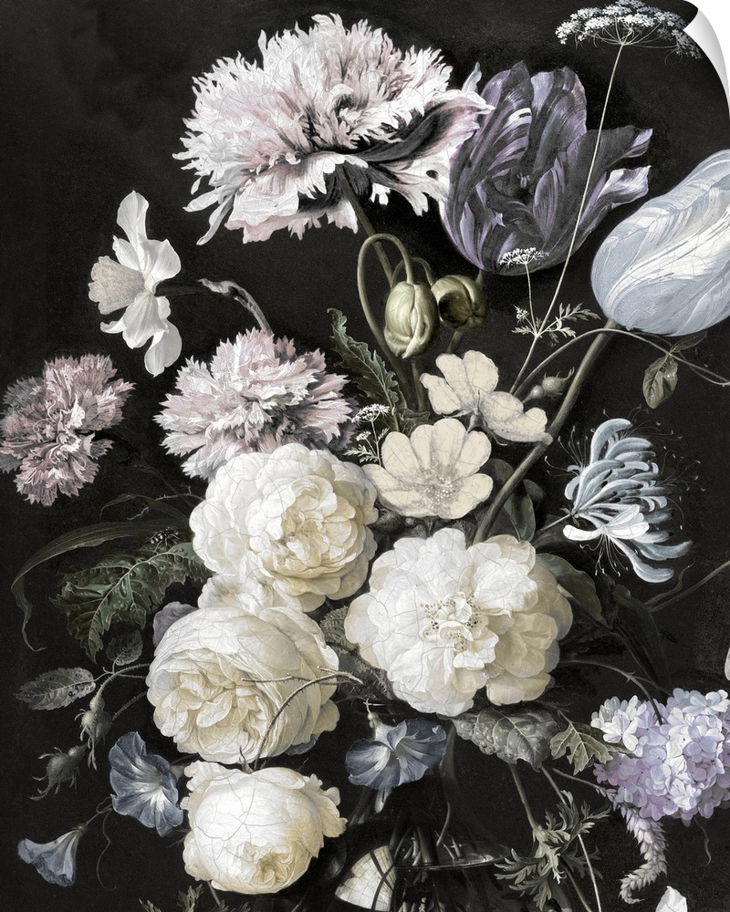 Desaturated artwork showing a romantic bouquet of flowers in a vase  over a dark background.