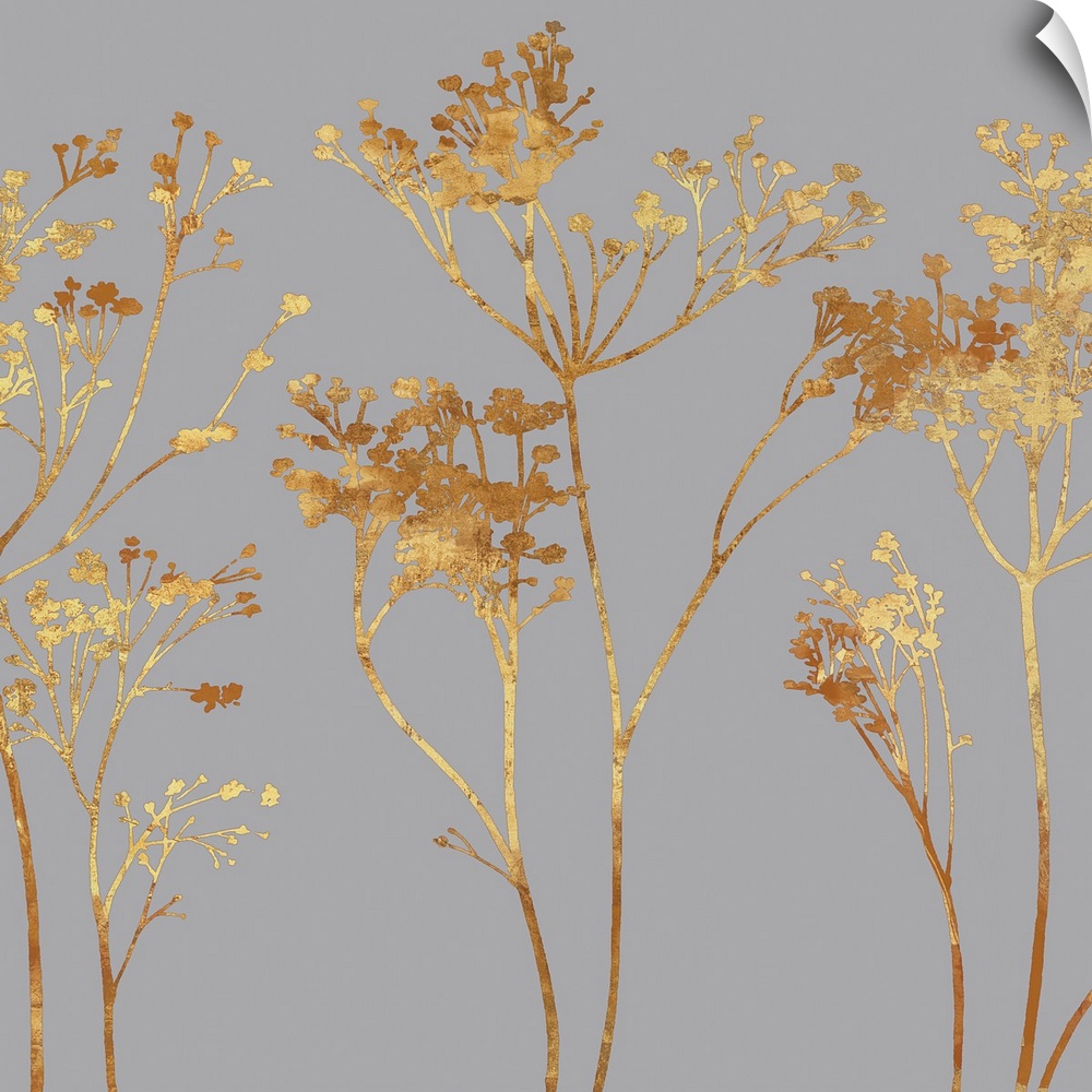 Square floral decor with golden silhouetted flowers on a grey background.