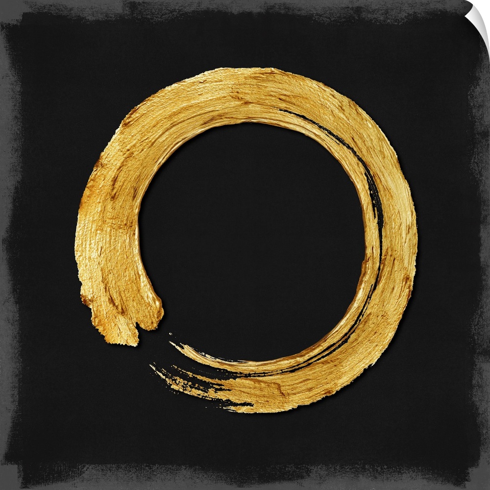 This Zen artwork features a sweeping circular brush stroke in gold over a black background with mottled gray edging.