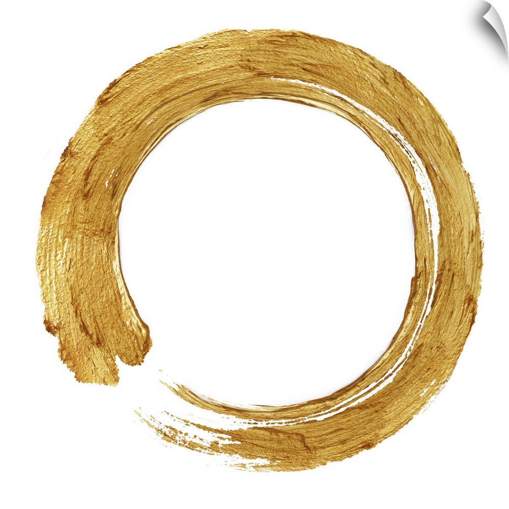 This Zen artwork features a sweeping circular brush stroke in gold over a white background.