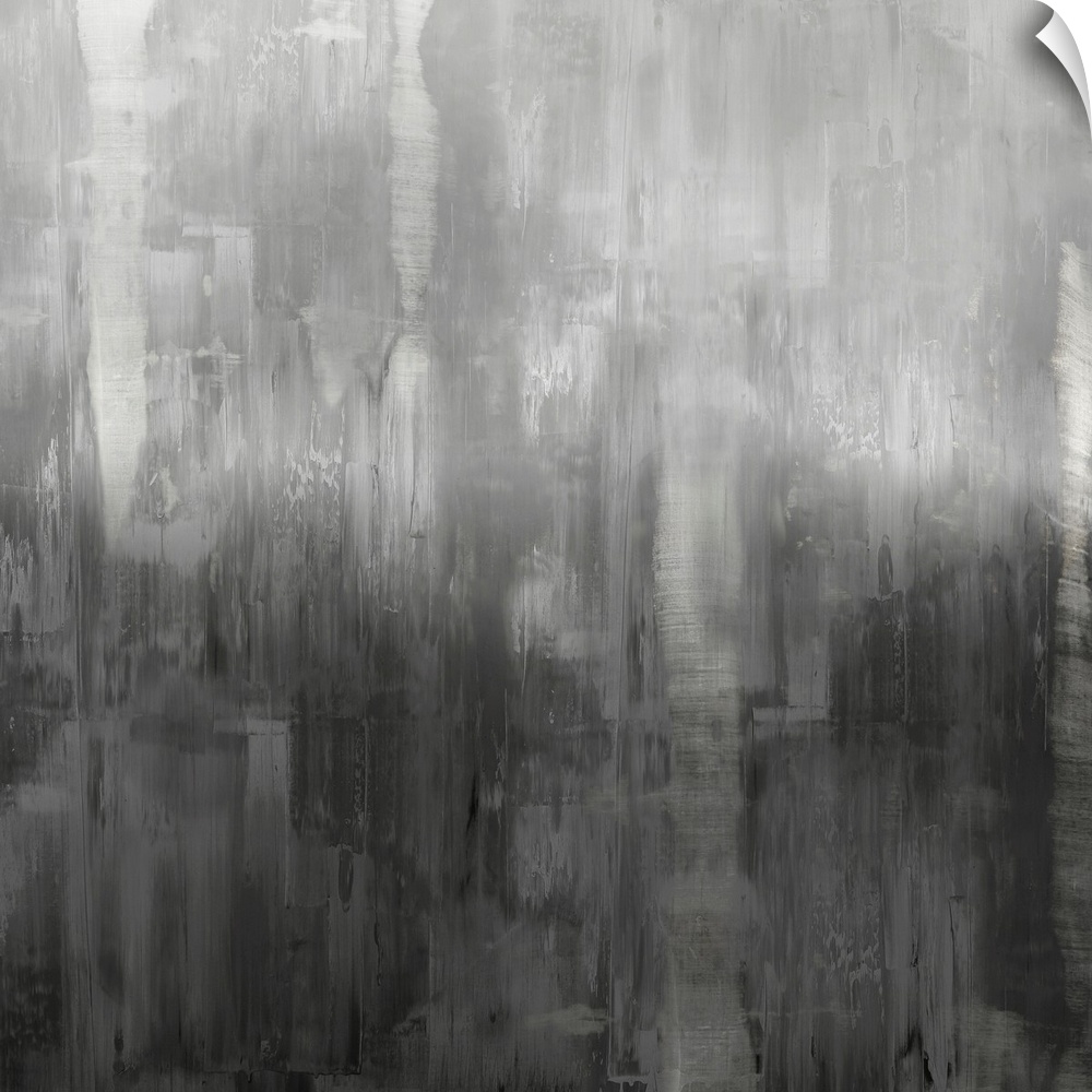 Square abstract painting with shades of gray streaking down the canvas.