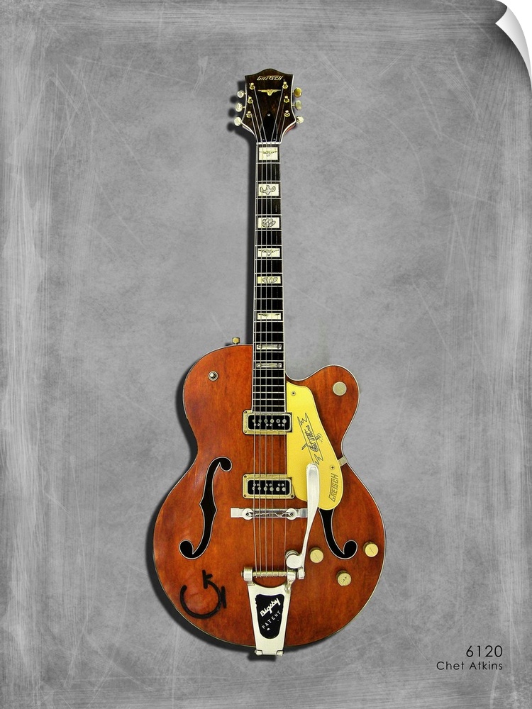 Photograph of a Gretsch 6120 ChetAtkins 56 printed on a textured background in shades of gray.