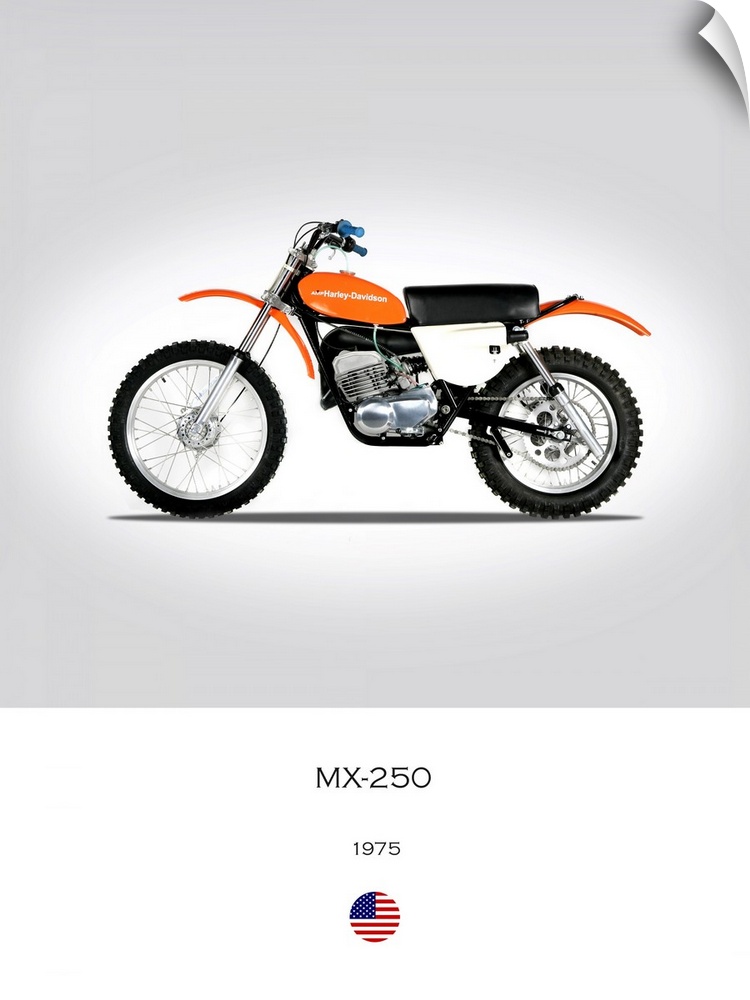 Photograph of a Harley Davidson MX 250 1975 printed on a white and gray background.