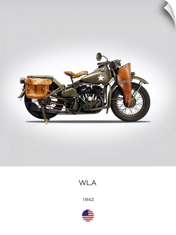 Photograph of a Harley Davidson WLA 1942 printed on a white and gray background.