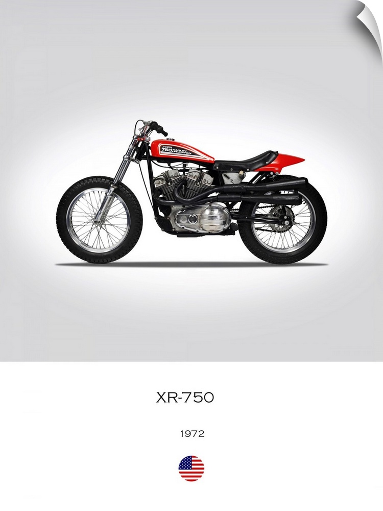 Photograph of a Harley Davidson XR 750 1972 printed on a white and gray background.