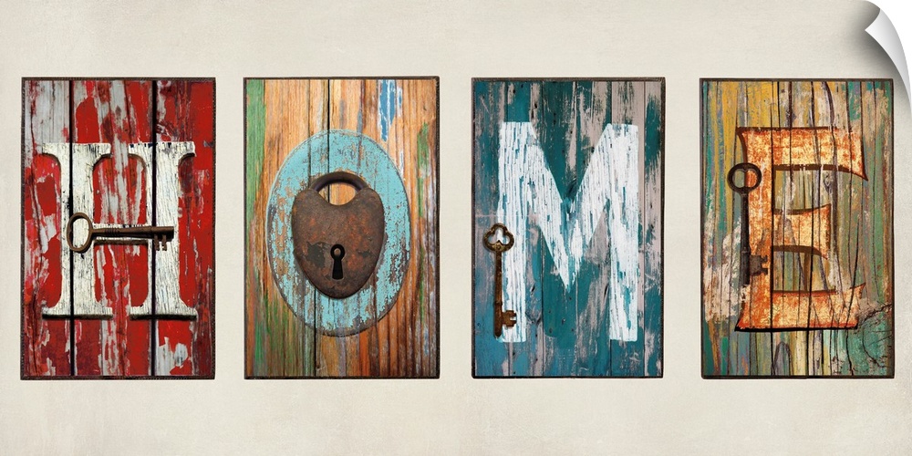 "HOME" sign with antique keys or a lock on each letter.