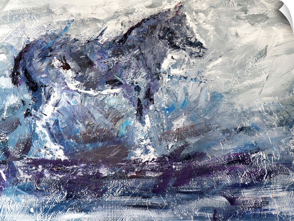 Abstract painting of a horse in shades of blue, gray, purple, and white.