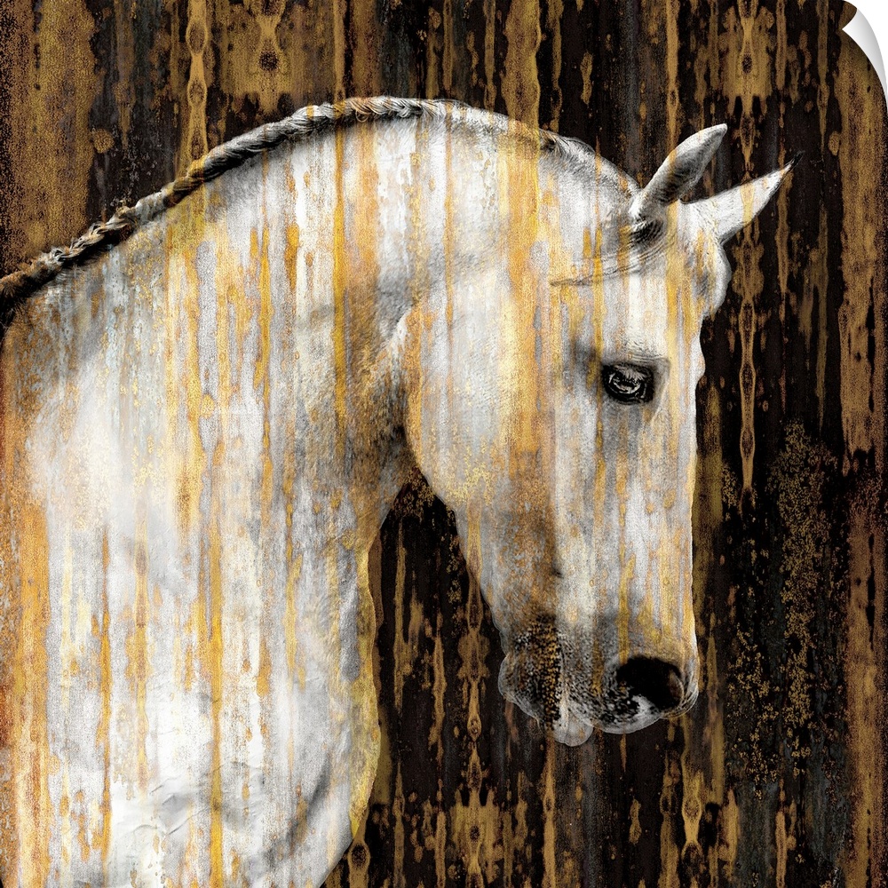 Square decor with an image of a white horse with gold paint falling down the canvas, on a black background.