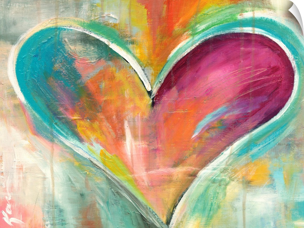 Full of warmth and emotion, this heart artwork is shaped by varying brush strokes bright purples and soft blues with paint...