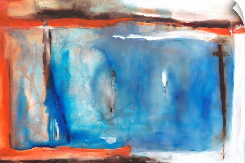 Large abstract painting in shades of blue, orange, gray, white, and brown.