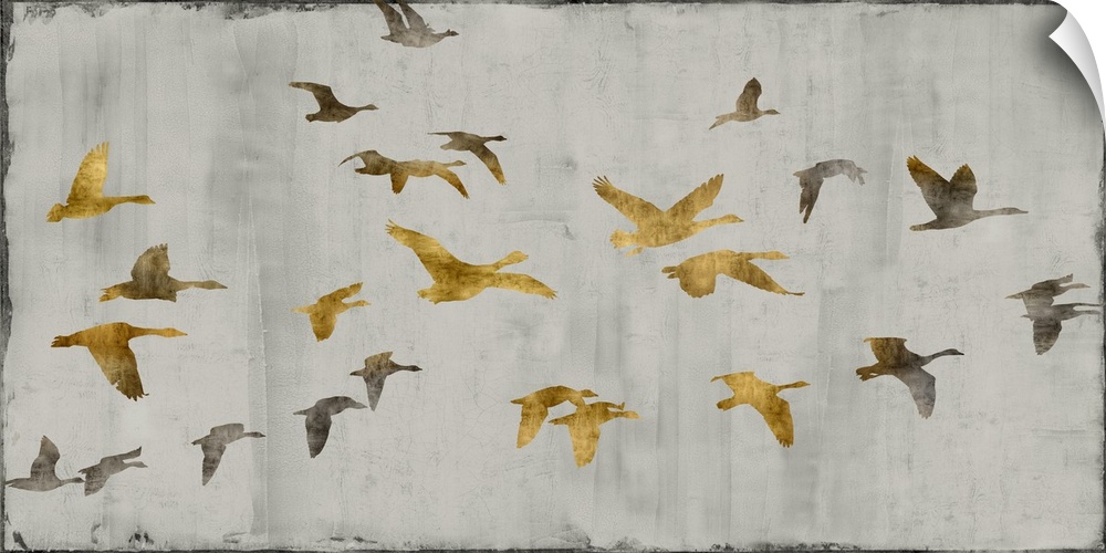 Large decor with gold and silver birds in flight on a silver textured background.