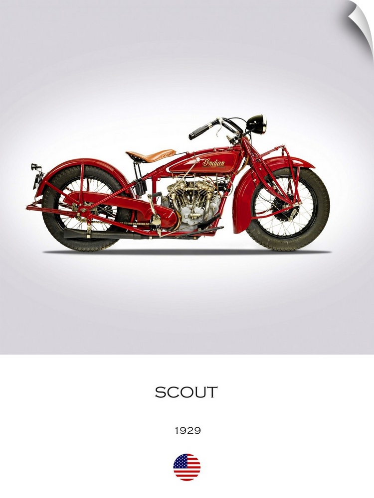 Photograph of an Indian Scout 101 1929 printed on a white and gray background.