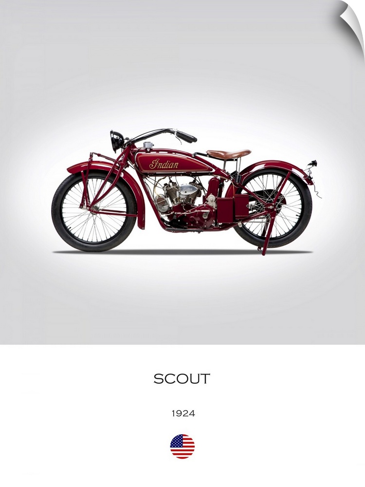 Photograph of an Indian Scout 1924 printed on a white and gray background.
