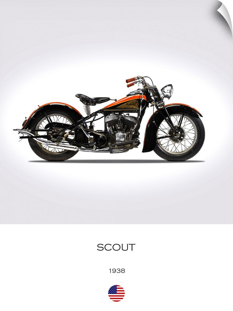 Photograph of an Indian Scout 1938 printed on a white and gray background.