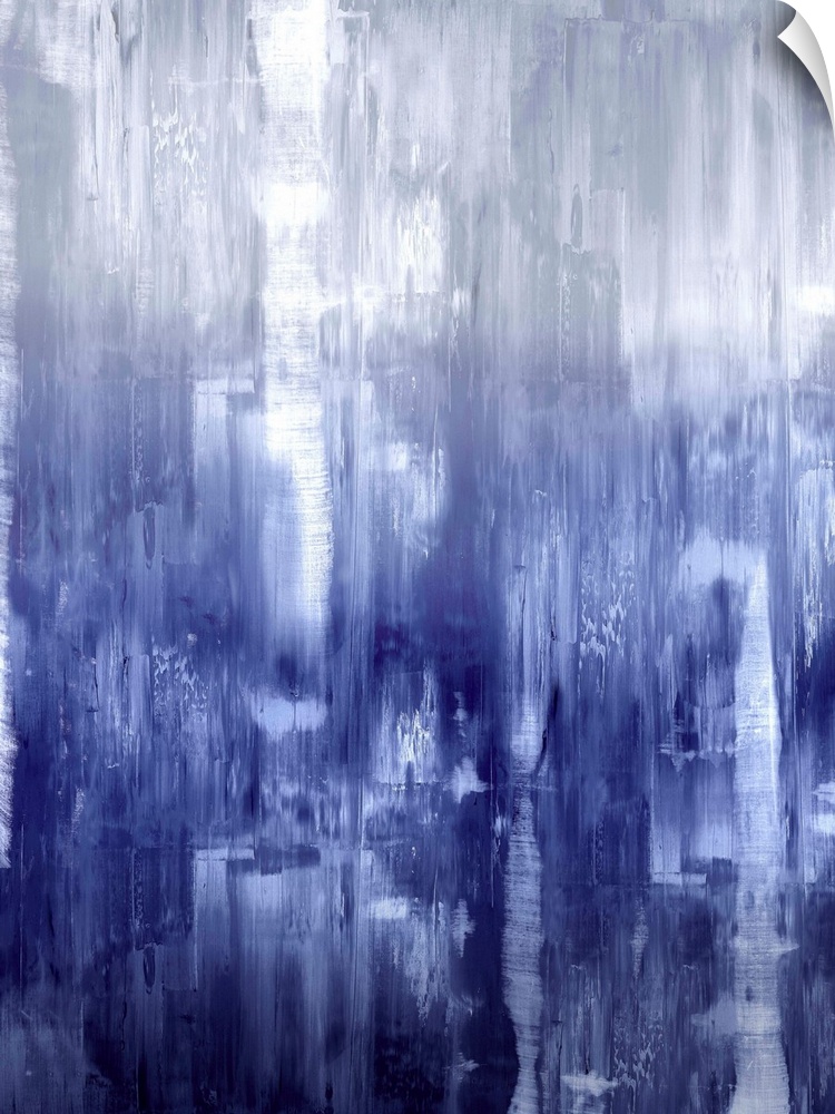 Vertical abstract painting of fading shades of indigo streaking down the canvas.
