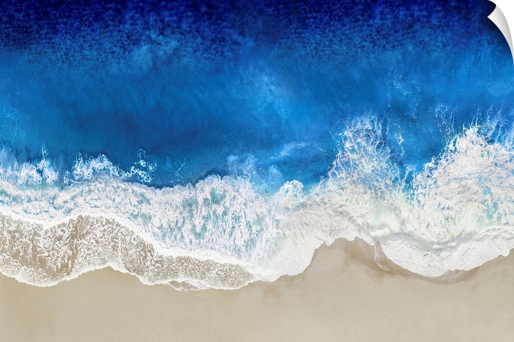 One artwork in a series of aerial shots of a beach as dark blue waves break upon the shore.