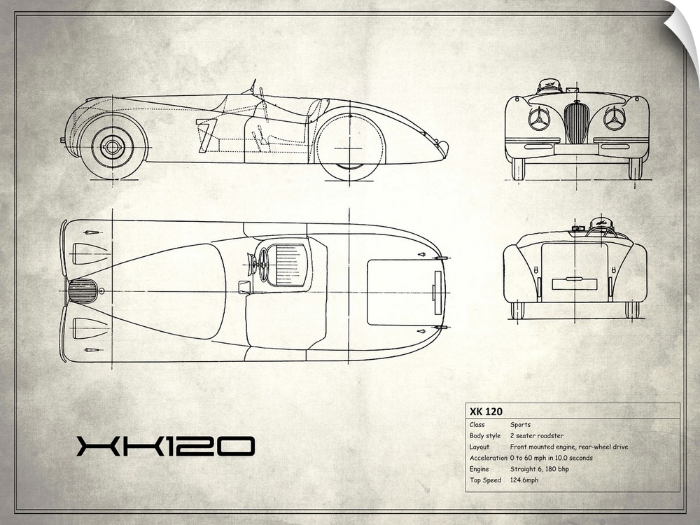 Antique style blueprint diagram of a Jaguar XK 120 printed on a weathered white and gray background.