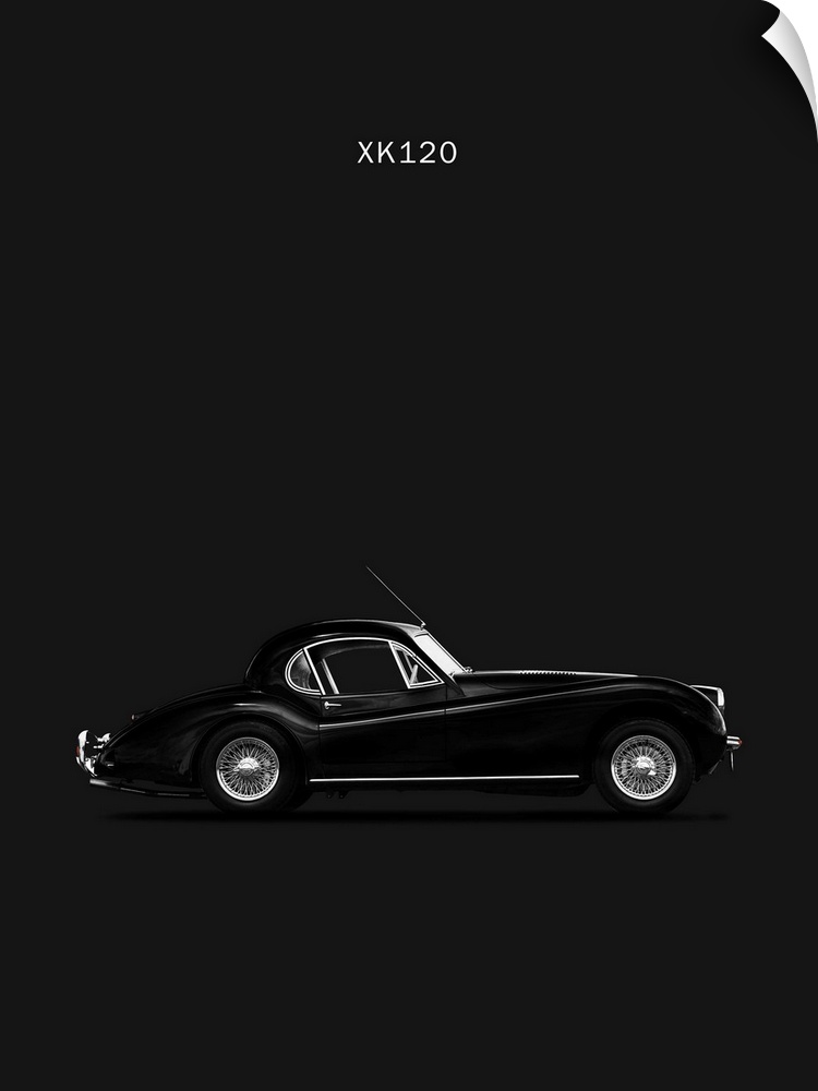 Photograph of a black Jaguar XK120 Coupe 1952 printed on a black background