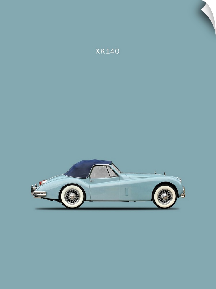 Photograph of a light blue Jaguar XK140 with a dark blue top printed on a light blue background
