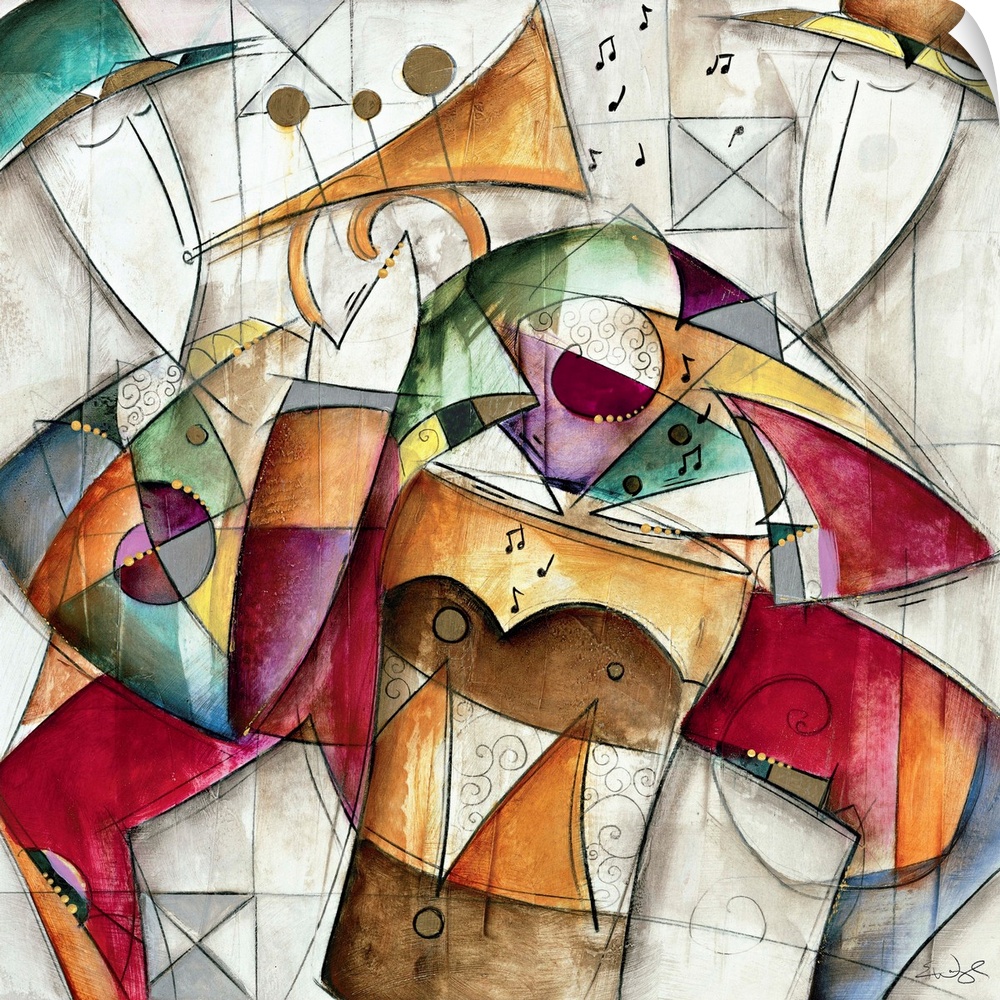 Jam Session I by Eric Waugh. A square abstract painting of musicians playing instruments.