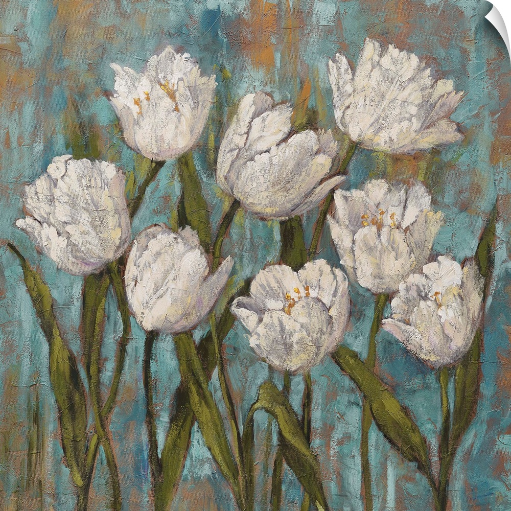 Square painting of white tulips with green stems and leaves on a background created with shades of blue, brown and orange.