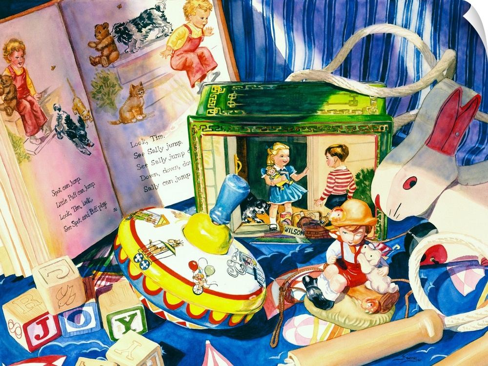 Still life watercolor painting with various classic children's toys and books.