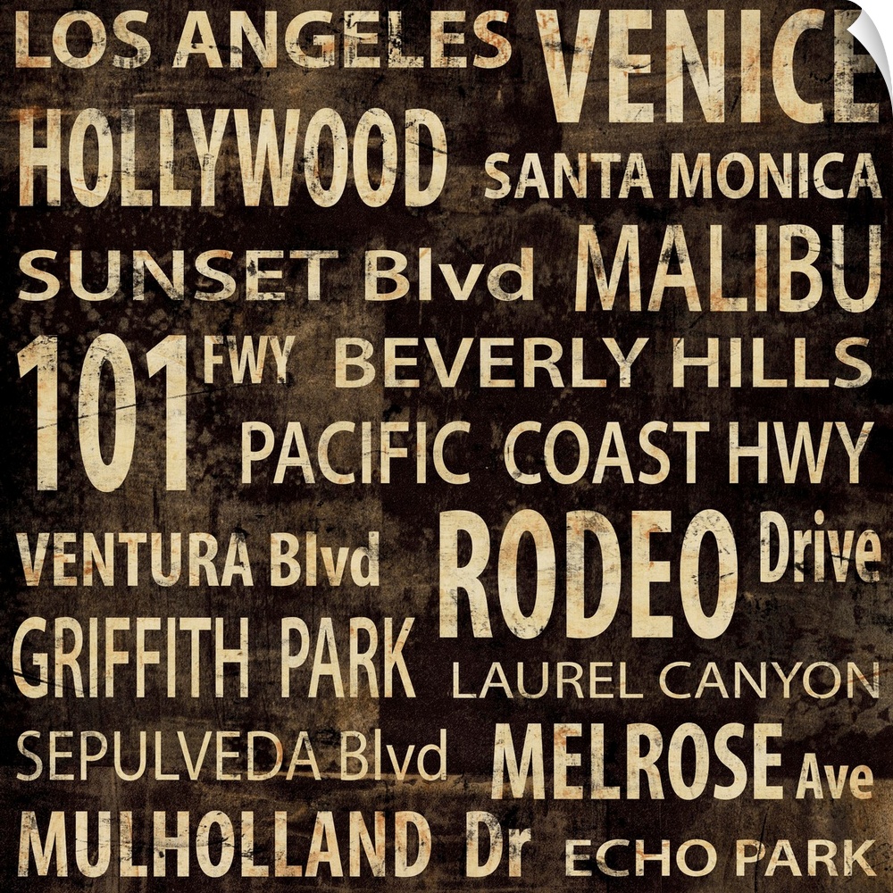 Los Angeles typography in gold and brown.