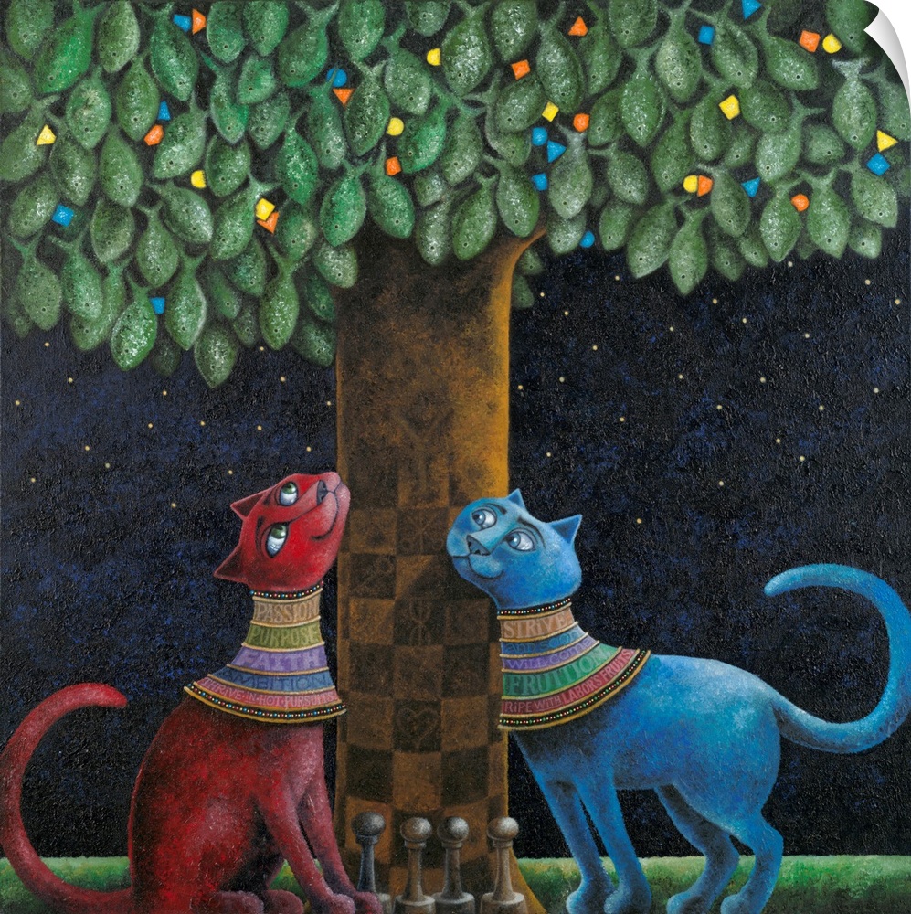 Square illustration with two cats looking up a tree with a chess board marked trunk and chess pieces on the ground.