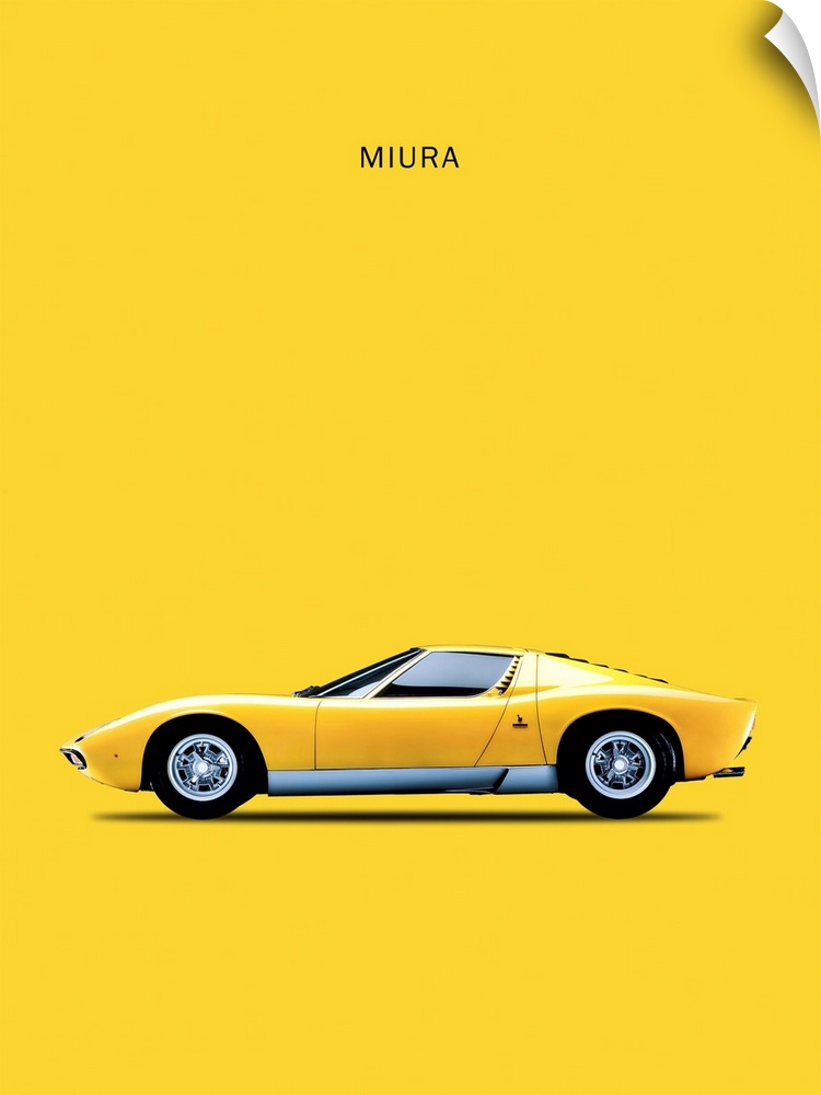 Photograph of a yellow Lambo Miura 72 printed on a yellow background