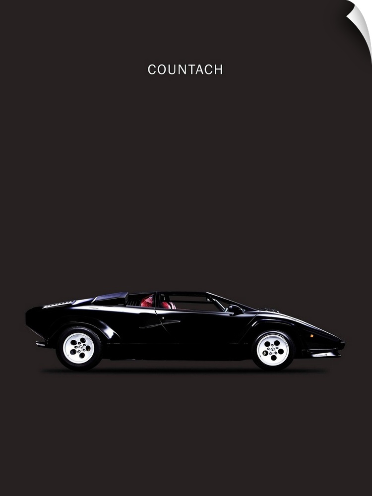 Photograph of a black Lamborghini Countach 1984 with red leather seats printed on a black background