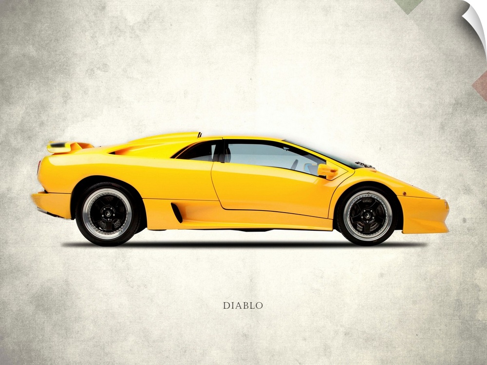 Photograph of a yellow Lamborghini Diablo 1988 printed on a distressed white and gray background with part of the Italian ...