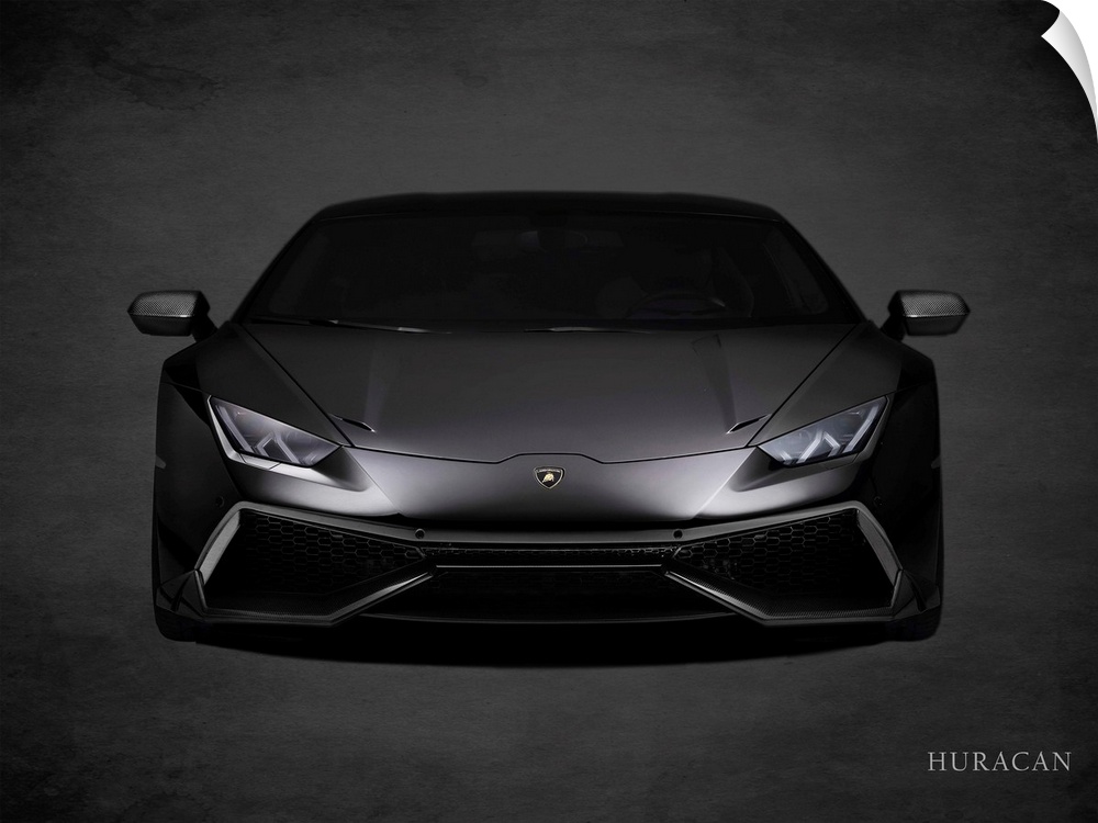 Photograph of a black Lamborghini Huracan printed on a black background with a dark vignette.
