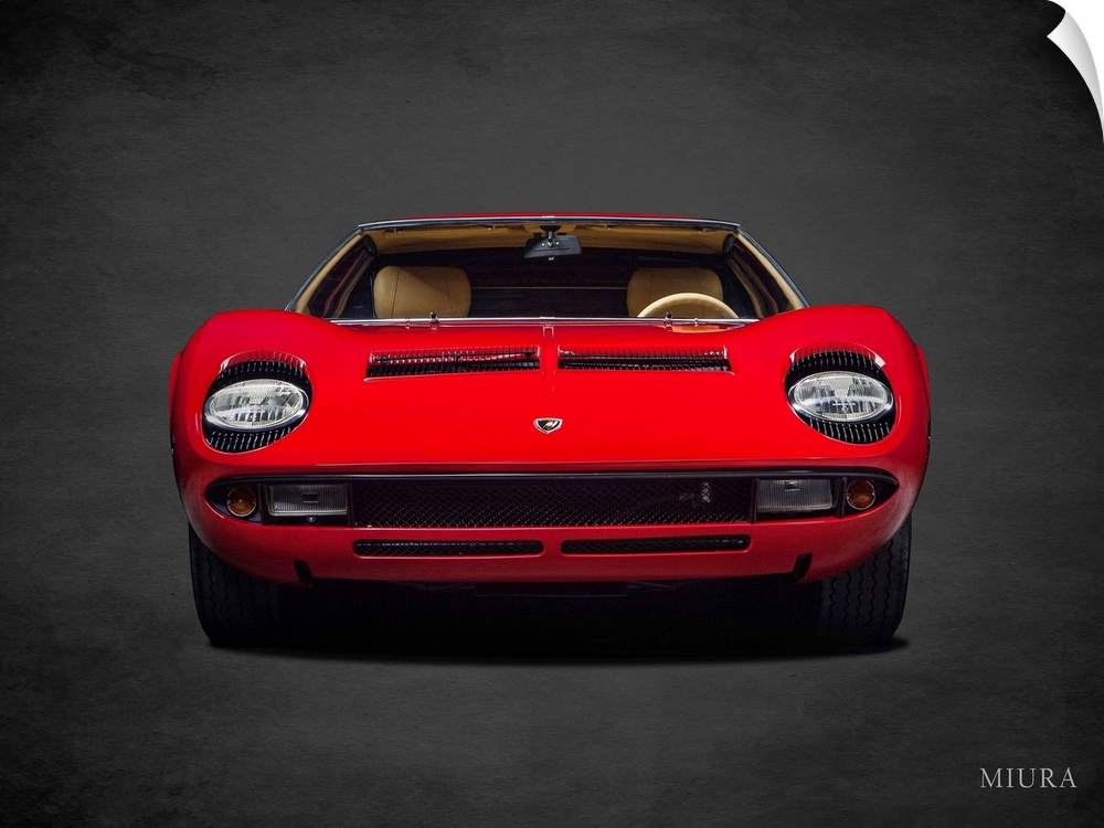 Photograph of a red Lamborghini Miura printed on a black background with a dark vignette.