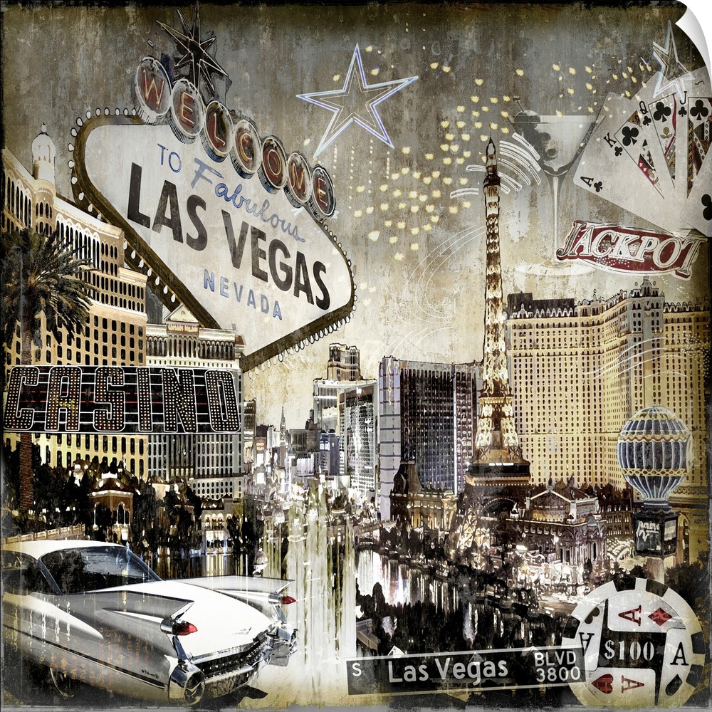 Square home decor with a cityscape of Las Vegas in black, white, and gold tones with well-known landmarks and street signs...