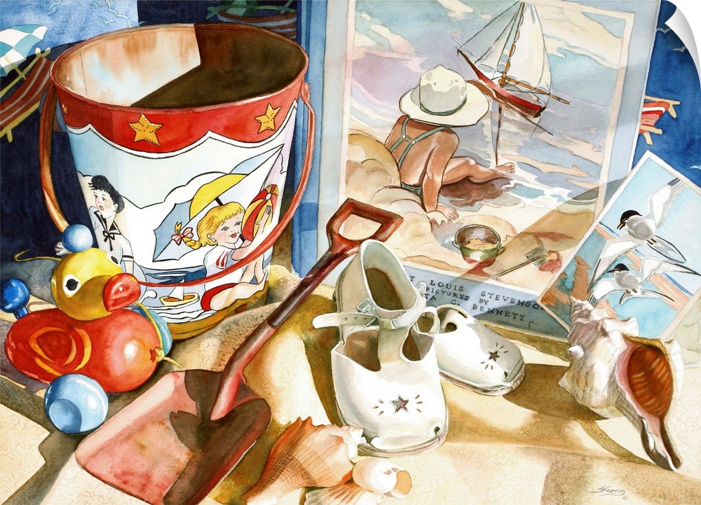 Still life watercolor painting of children's beach toys and books on sand.