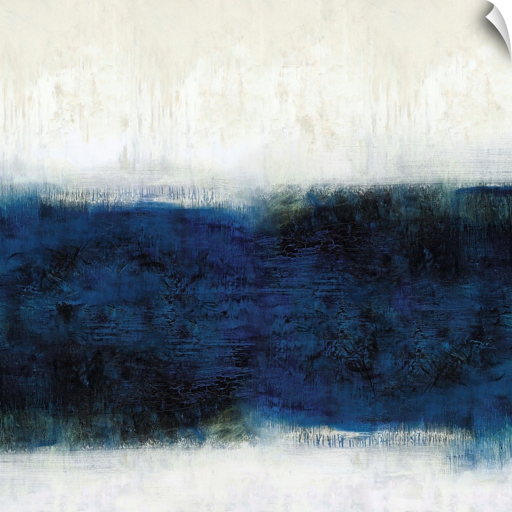 Square abstract painting with a band of deep blue hues in the middle and off-white with tan above and below.