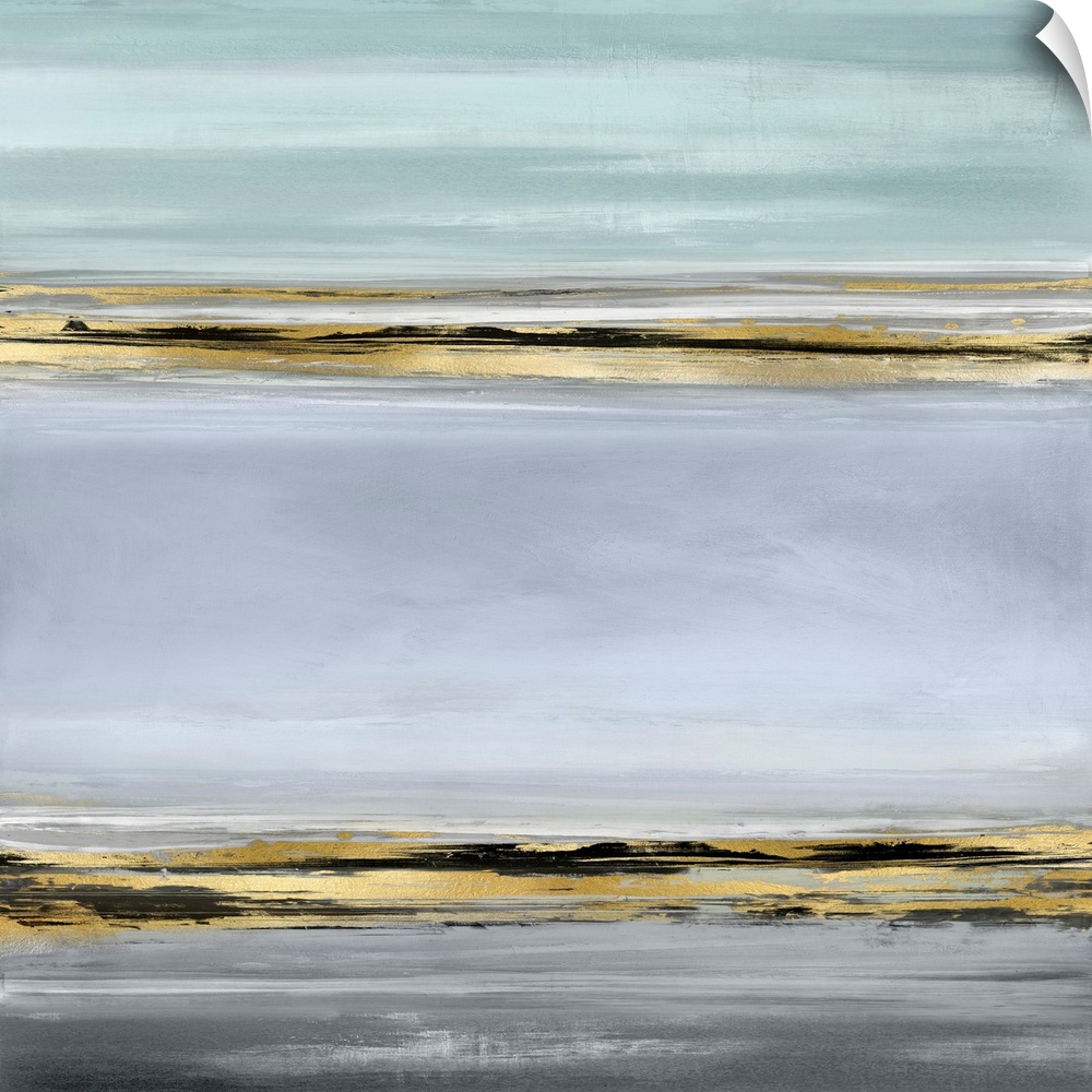 Contemporary artwork featuring two bold black brush strokes overlaid with a gold foil texture on soft blue, gray and green...