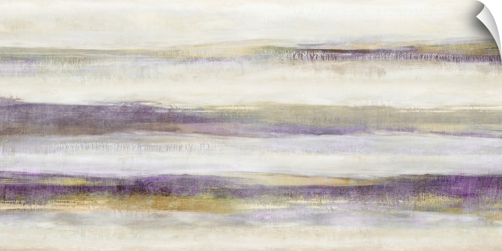 Large abstract painting with bands of gold and purple running horizontally across the white and tan canvas.