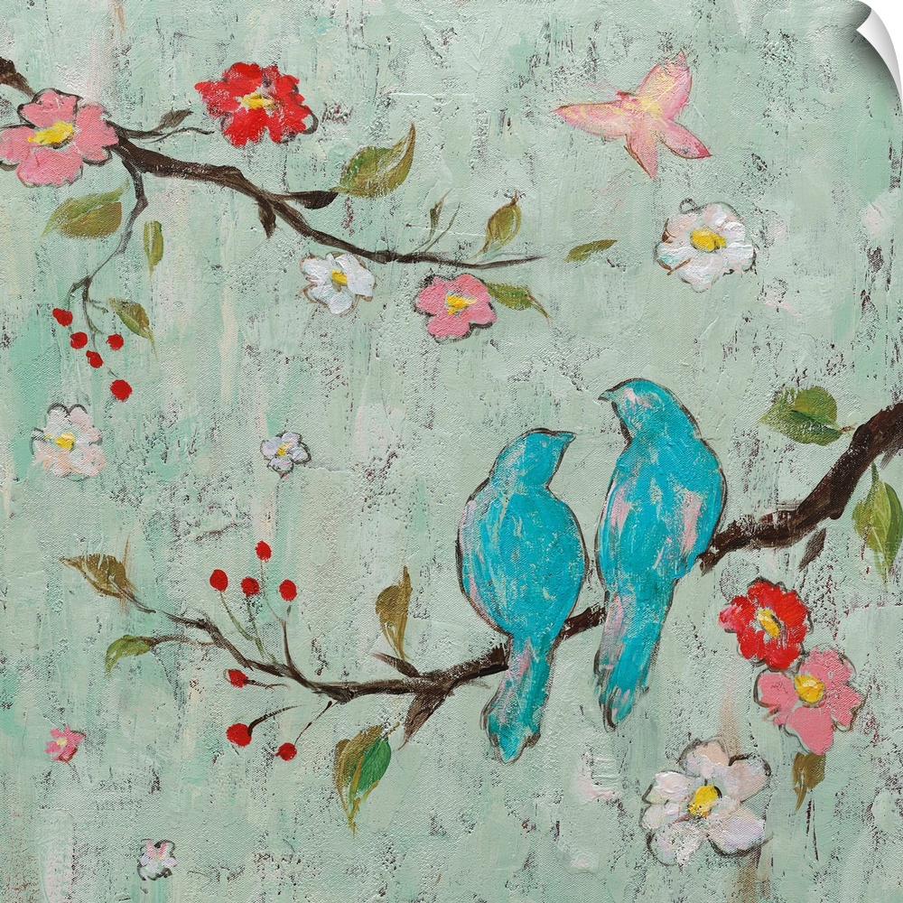 Contemporary square painting of two blue birds sitting on a tree branch with berries, leaves, and flowers on an eggshell b...