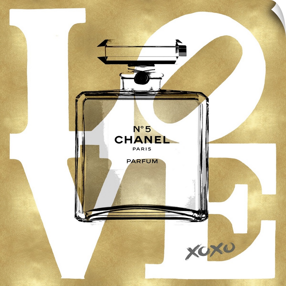 A transparent bottle of perfume sits over a background with the word: Love.