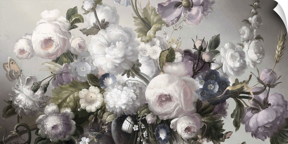 Desaturated artwork showing a romantic bouquet of flowers over a light background.