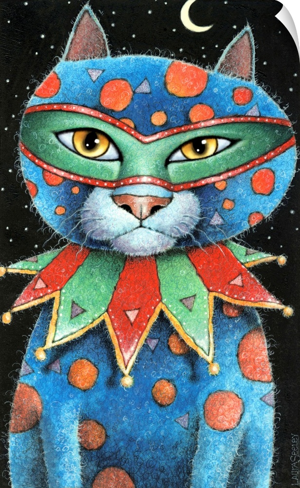 Illustration of a blue cat with orange and purple geometric shaped designs wearing Mardi Gras gear.