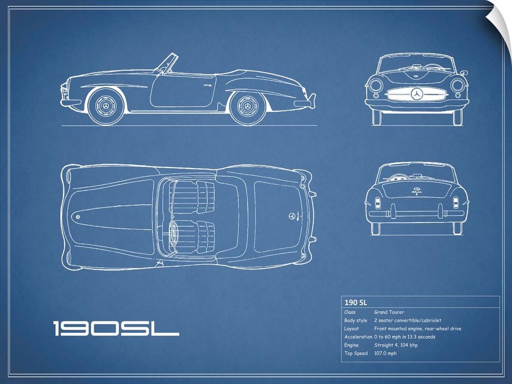 Antique style blueprint diagram of a Mercedes 190 SL printed on a Blue background