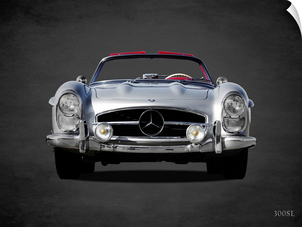 Photograph of a silver 1958 Mercedes Benz 300SL printed on a black background with a dark vignette.