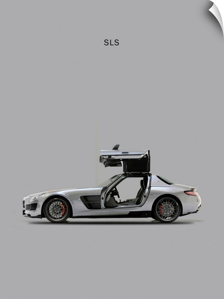 Photograph of a grey Mercedes SLS printed on a grey background