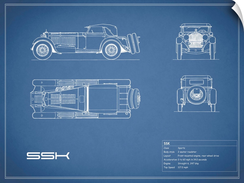 Antique style blueprint diagram of a Mercedes SSK printed on a Blue background