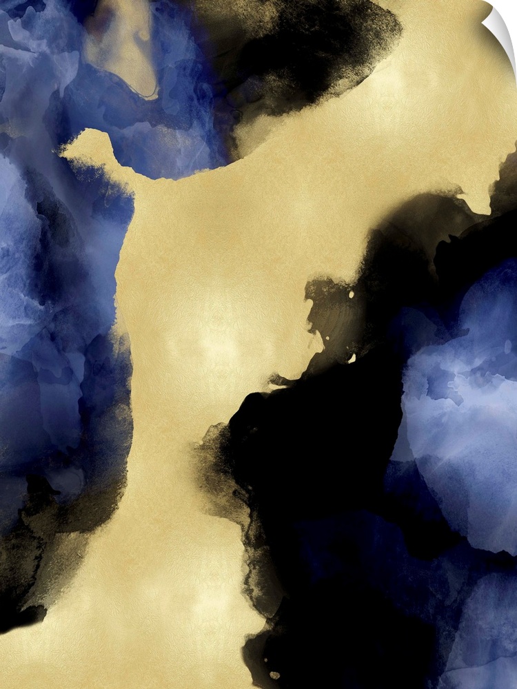 Abstract painting with indigo hues splattered together on a gold background.